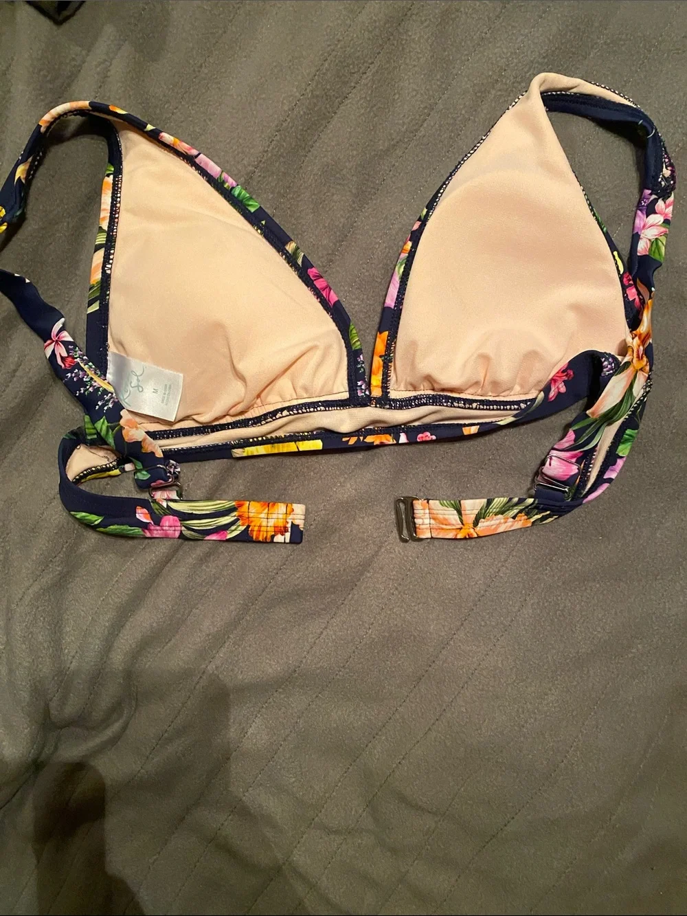 Kona Sol Navy Floral Triangle Bikini Top with Yellow, Pink and Orange Blooms